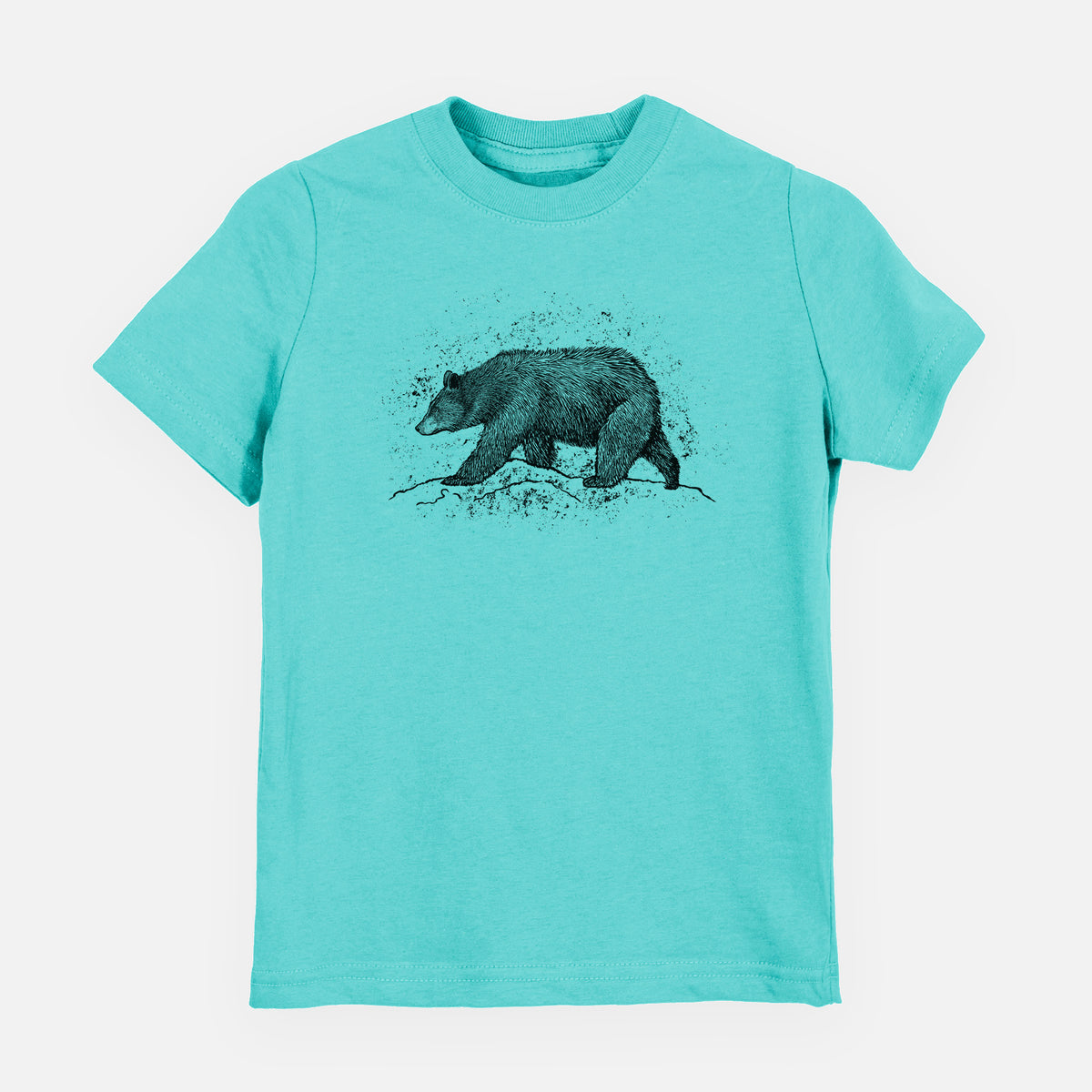 Caribbean blue youth t-shirt laid flat, printed with a detailed black ink sketch of a black bear walking across rocky ground.