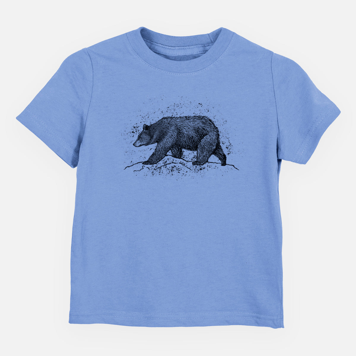 Carolina blue toddler t-shirt laid flat, printed with a detailed black ink sketch of a black bear walking across rocky ground.