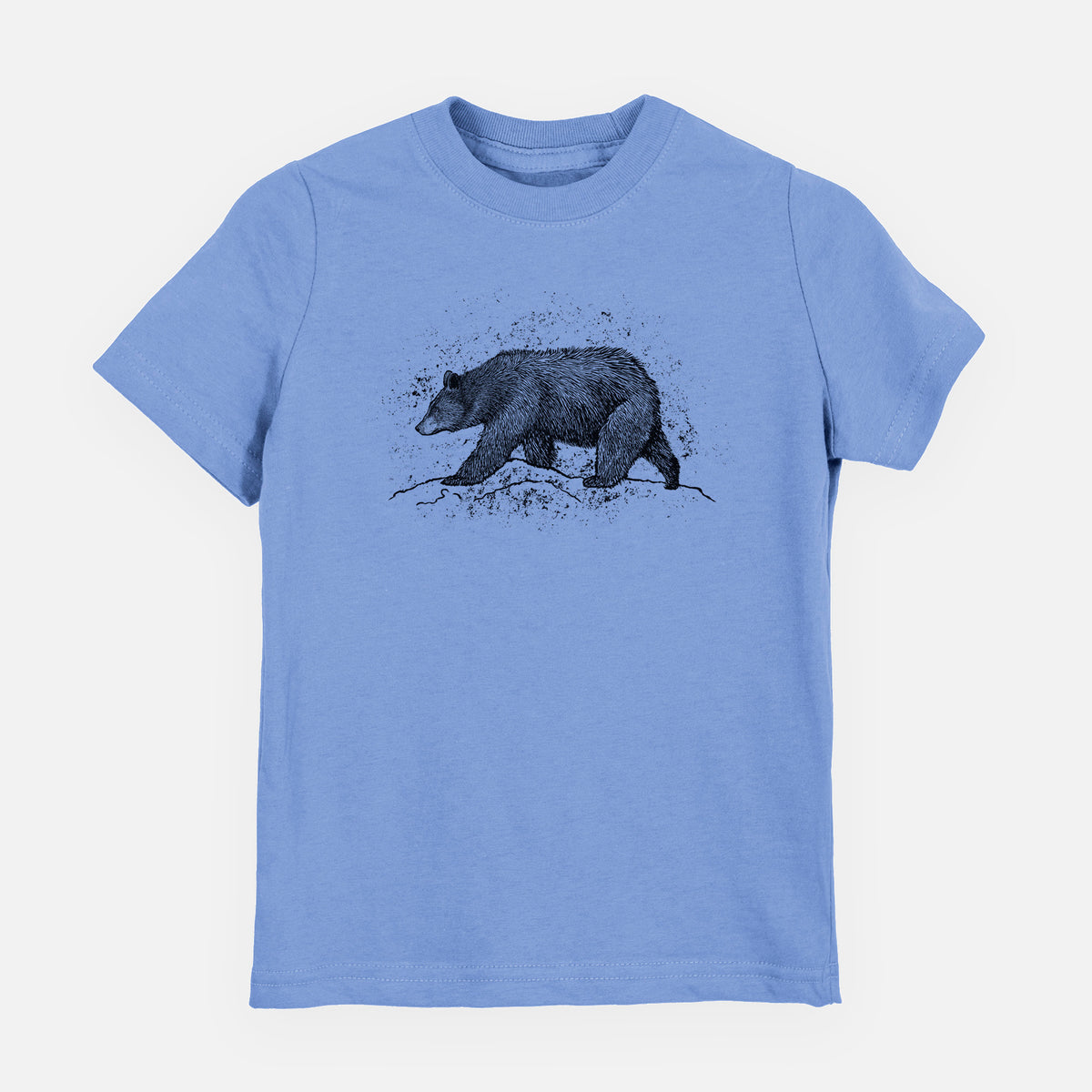 Carolina blue youth t-shirt laid flat, printed with a detailed black ink sketch of a black bear walking across rocky ground.