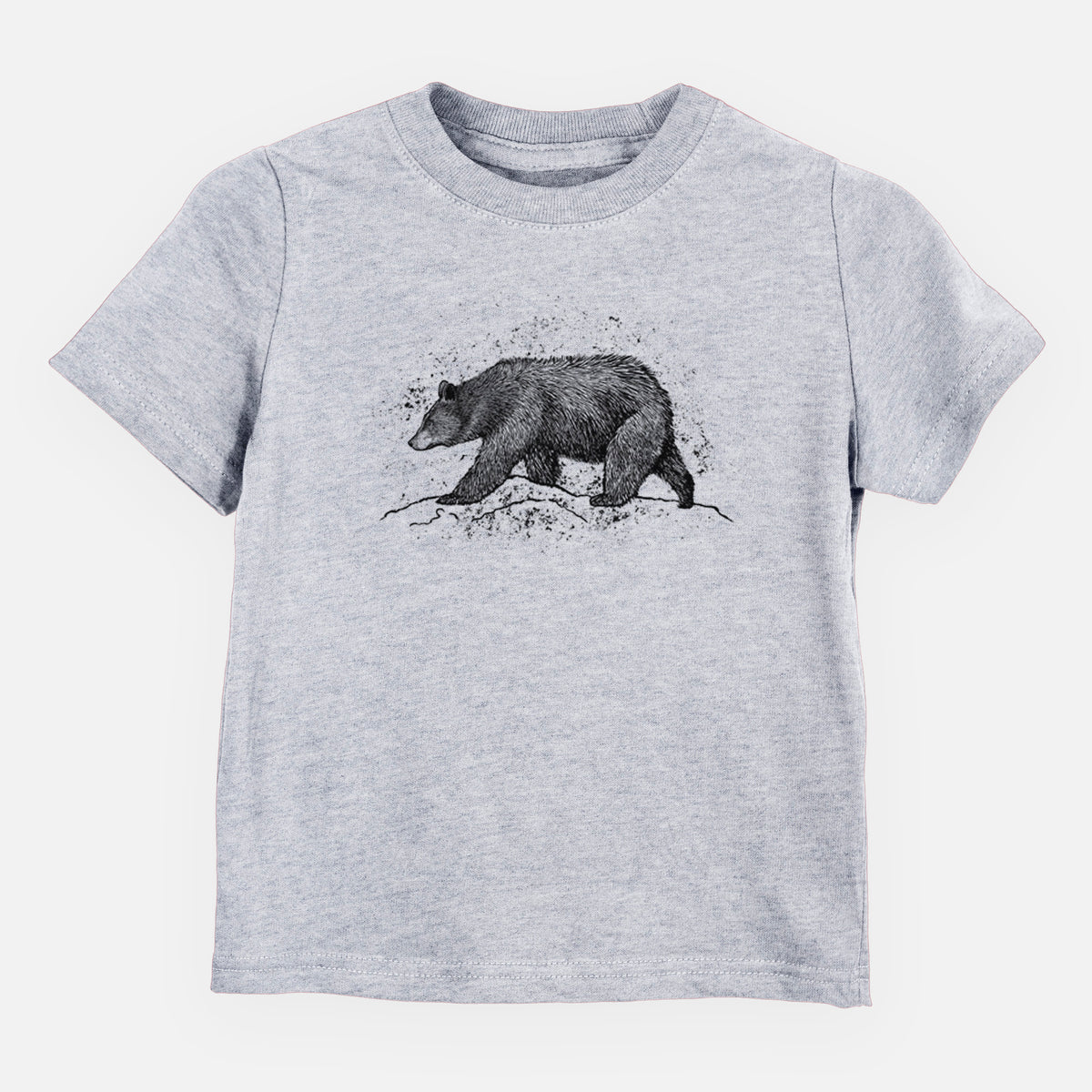 Heather grey toddler t-shirt laid flat, printed with a detailed black ink sketch of a black bear walking across rocky ground.