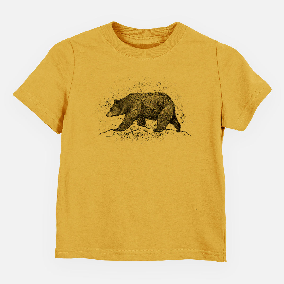Honeycomb yellow toddler t-shirt laid flat, printed with a detailed black ink sketch of a black bear walking across rocky ground.
