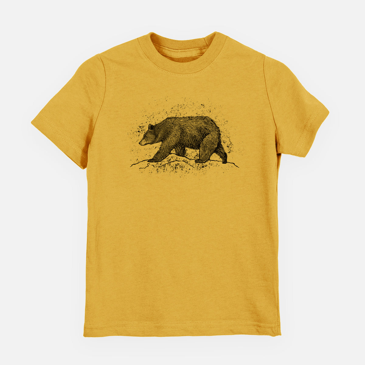 Honeycomb yellow youth t-shirt laid flat, printed with a detailed black ink sketch of a black bear walking across rocky ground.