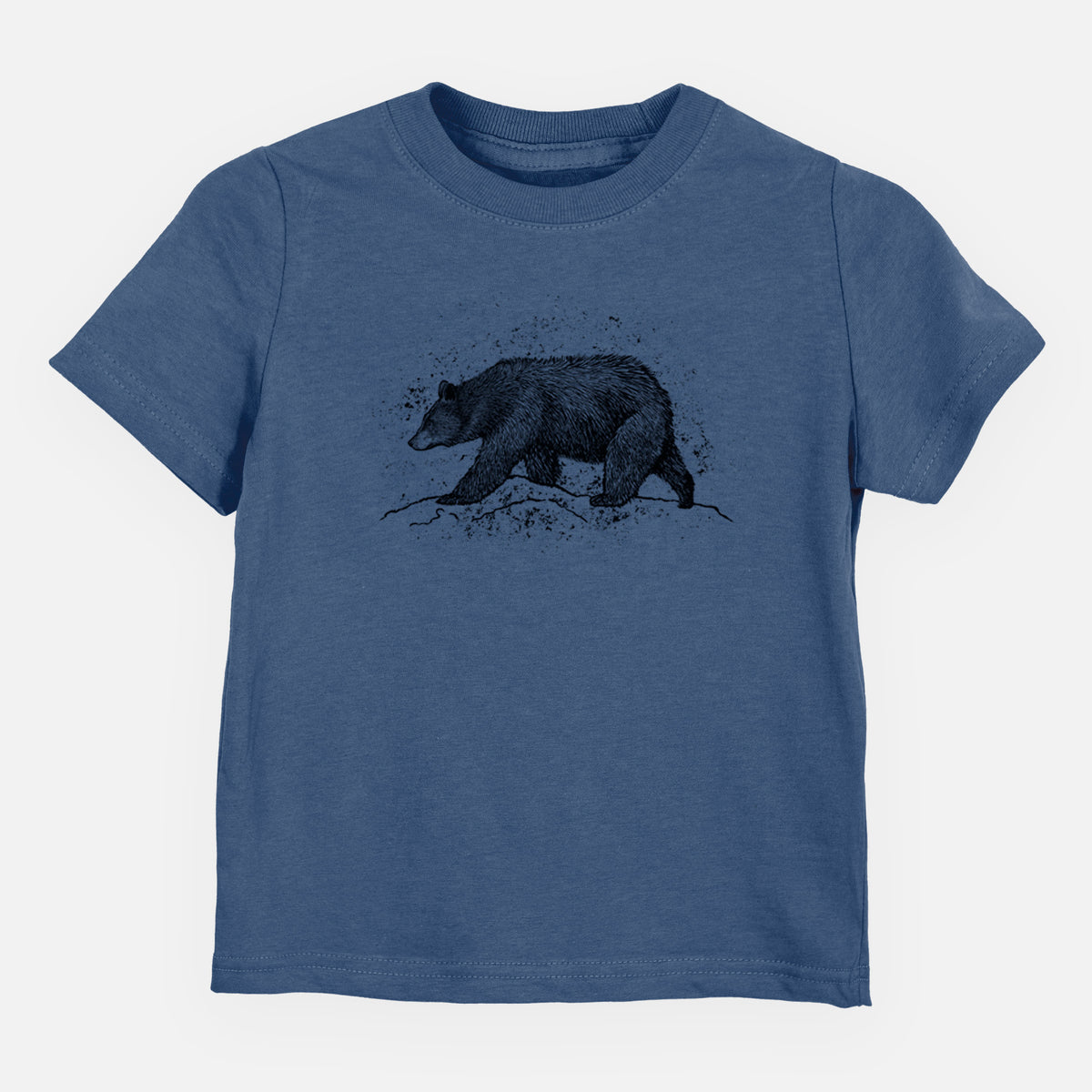 Indigo blue toddler t-shirt laid flat, printed with a detailed black ink sketch of a black bear walking across rocky ground.