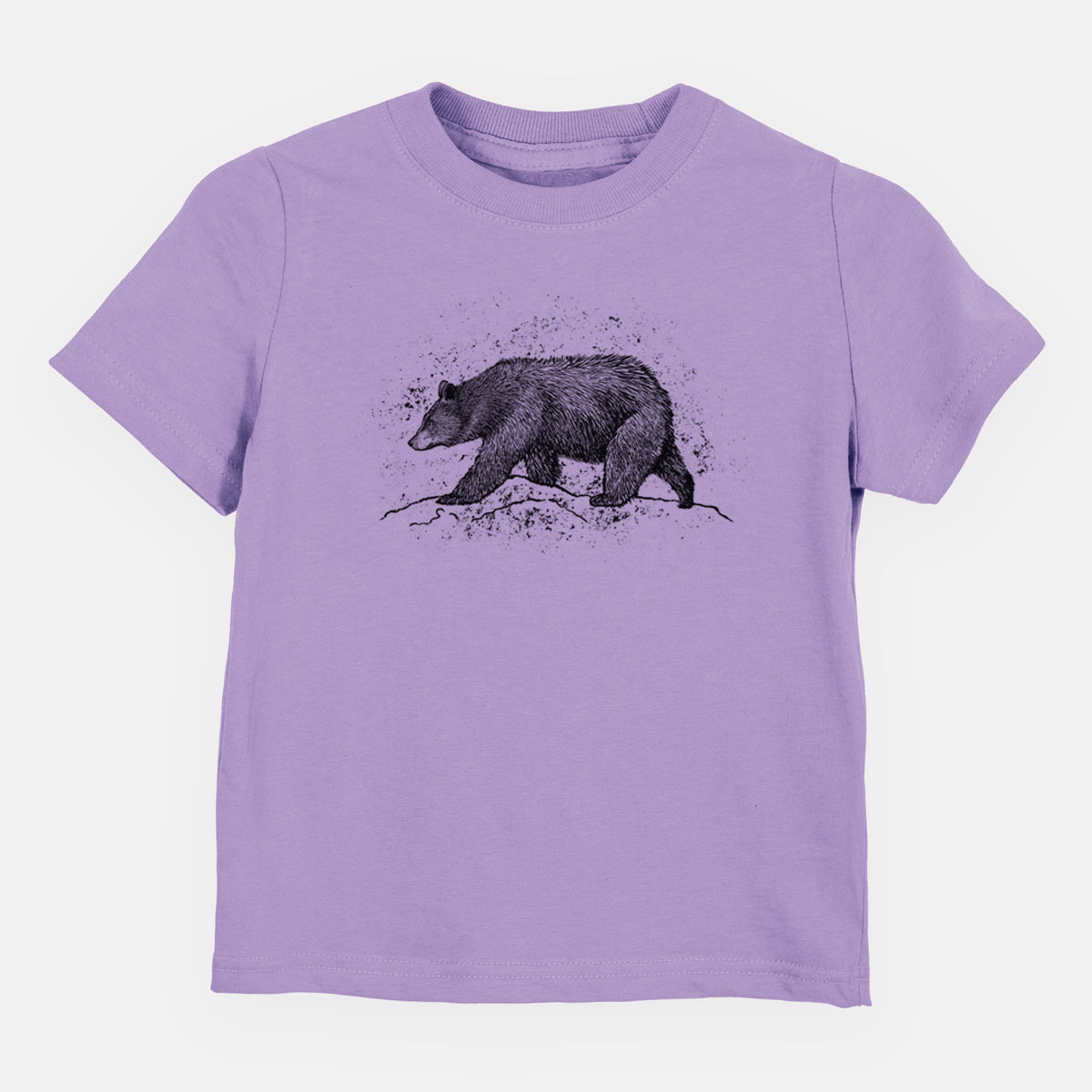 Lavender toddler t-shirt laid flat, printed with a detailed black ink sketch of a black bear walking across rocky ground.