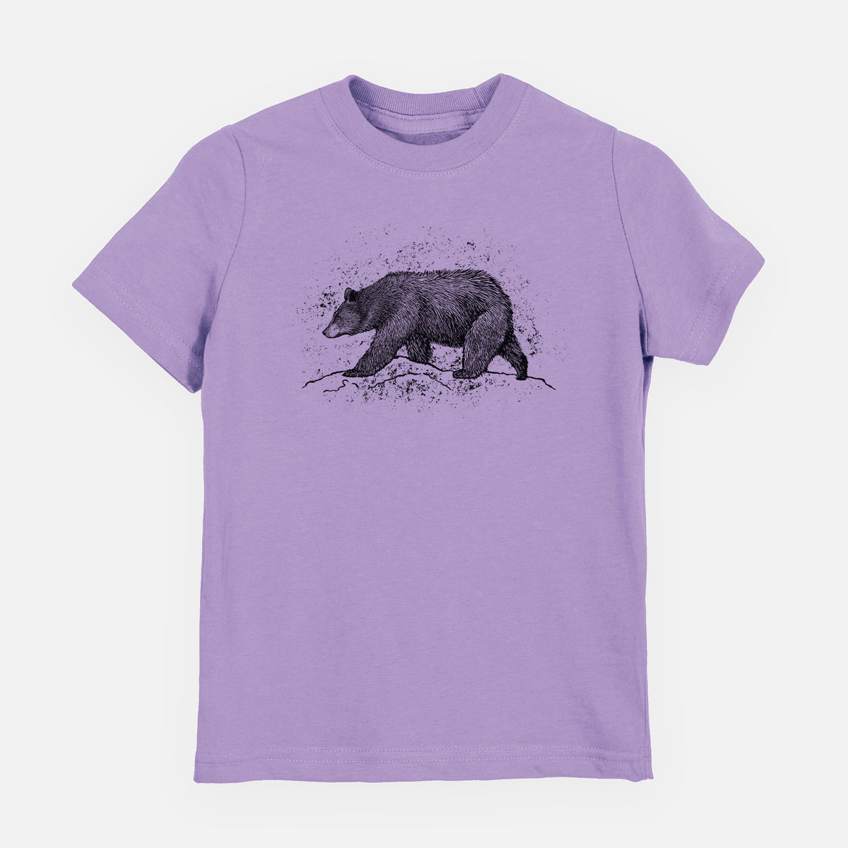 Lavender youth t-shirt laid flat, printed with a detailed black ink sketch of a black bear walking across rocky ground.