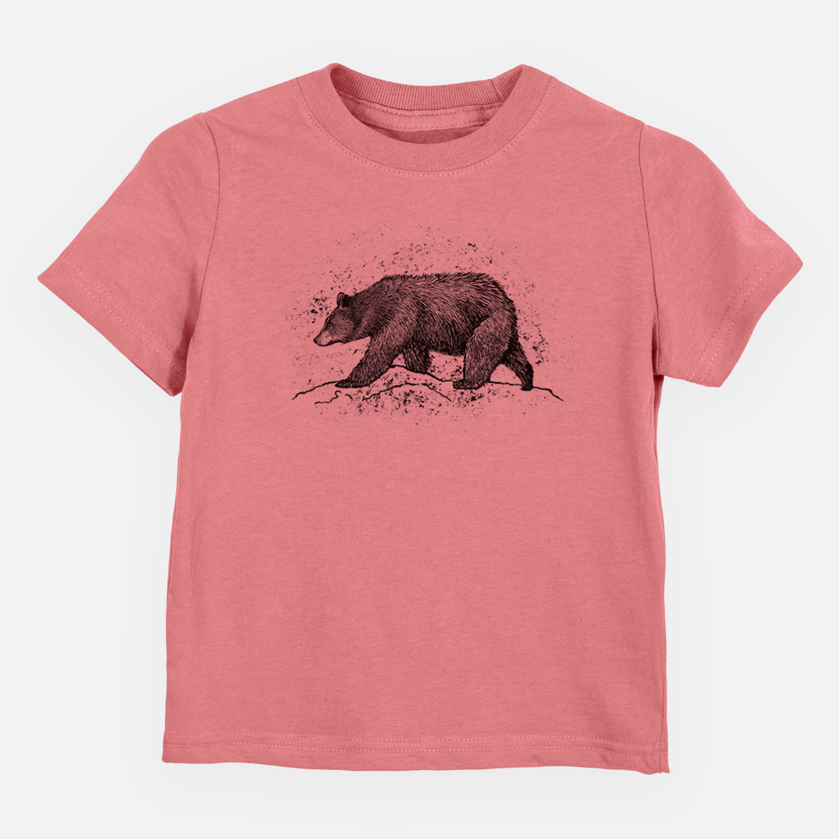 Mauve pink toddler t-shirt laid flat, printed with a detailed black ink sketch of a black bear walking across rocky ground.