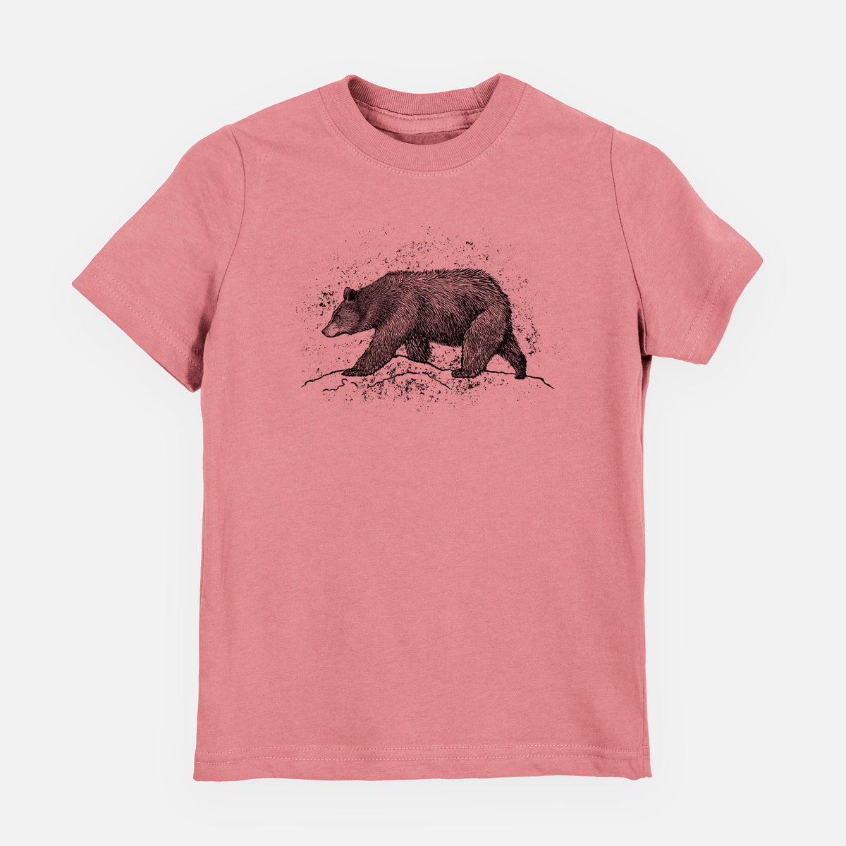 Mauve pink youth t-shirt laid flat, printed with a detailed black ink sketch of a black bear walking across rocky ground.