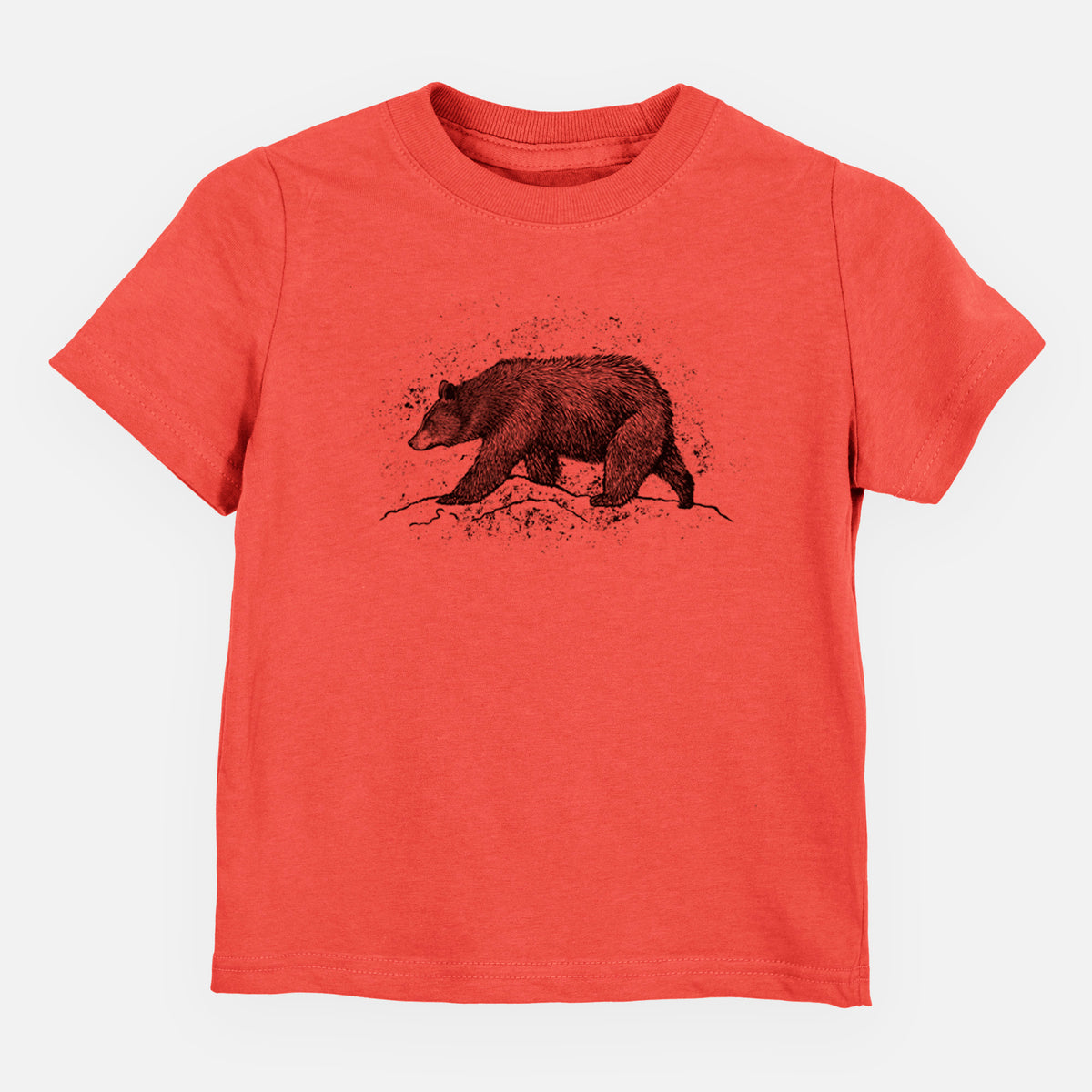 Passionfruit pink toddler t-shirt laid flat, printed with a detailed black ink sketch of a black bear walking across rocky ground.