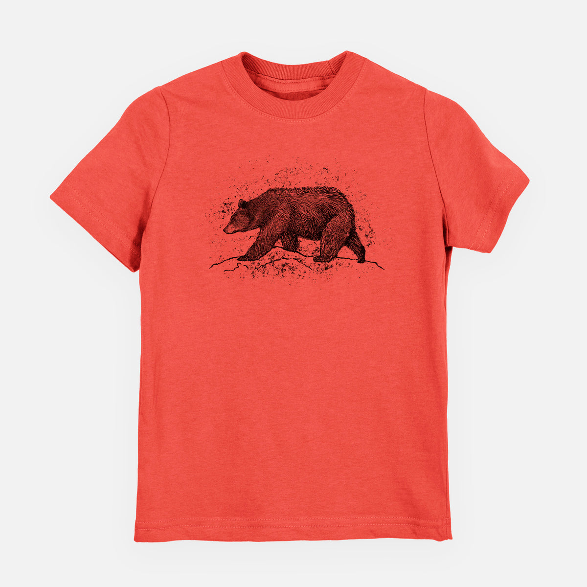 Passionfruit pink youth t-shirt laid flat, printed with a detailed black ink sketch of a black bear walking across rocky ground.