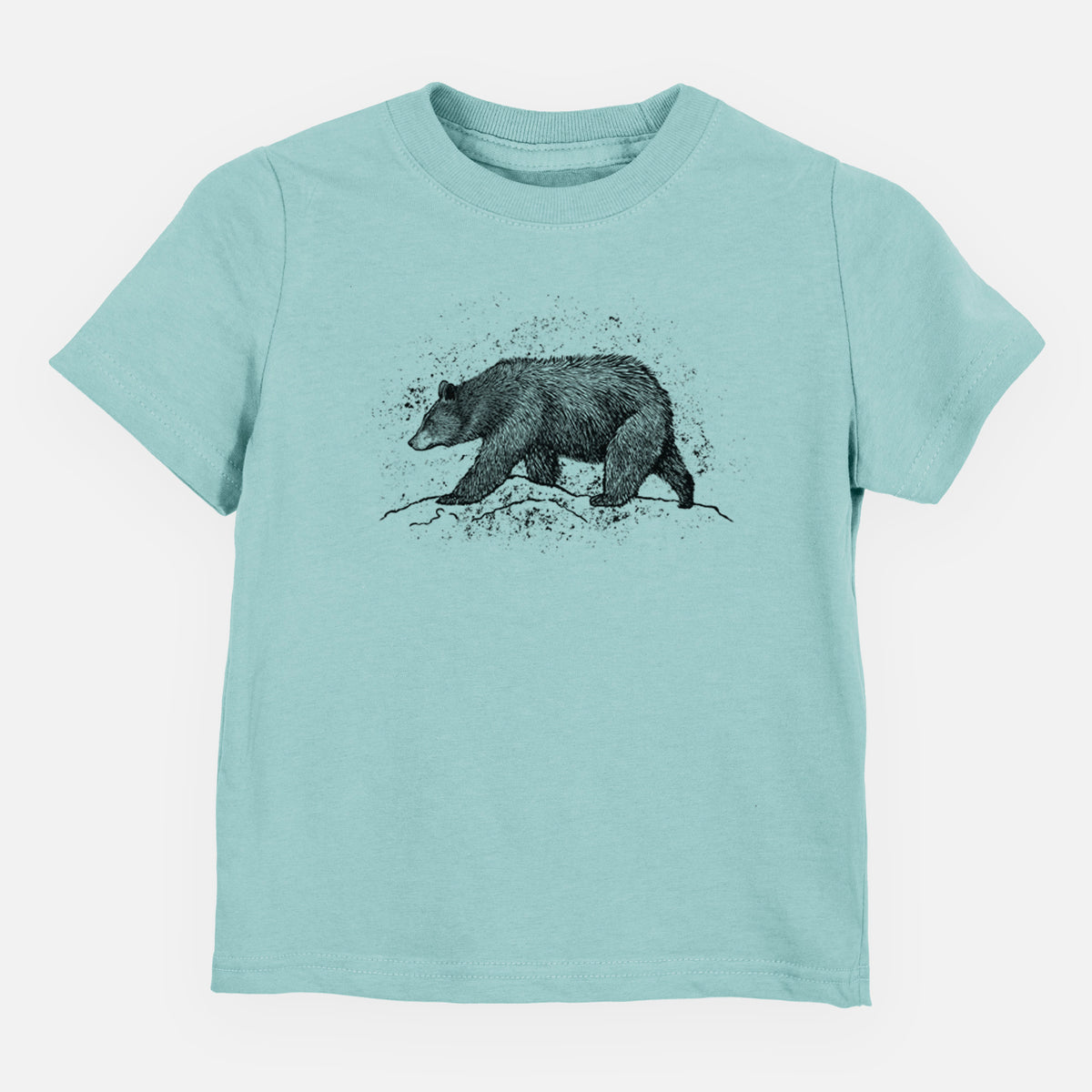 Saltwater toddler t-shirt laid flat, printed with a detailed black ink sketch of a black bear walking across rocky ground.