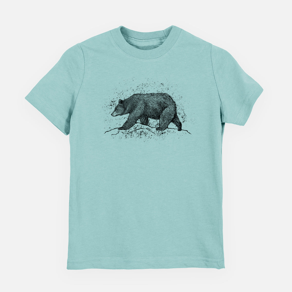 Saltwater youth t-shirt laid flat, printed with a detailed black ink sketch of a black bear walking across rocky ground.
