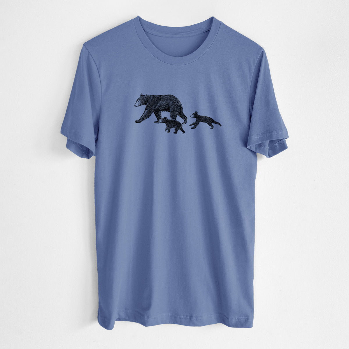 Blue bell lightweight cotton t-shirt laid flat, printed with a black ink illustration of a mother black bear walking with two cubs.