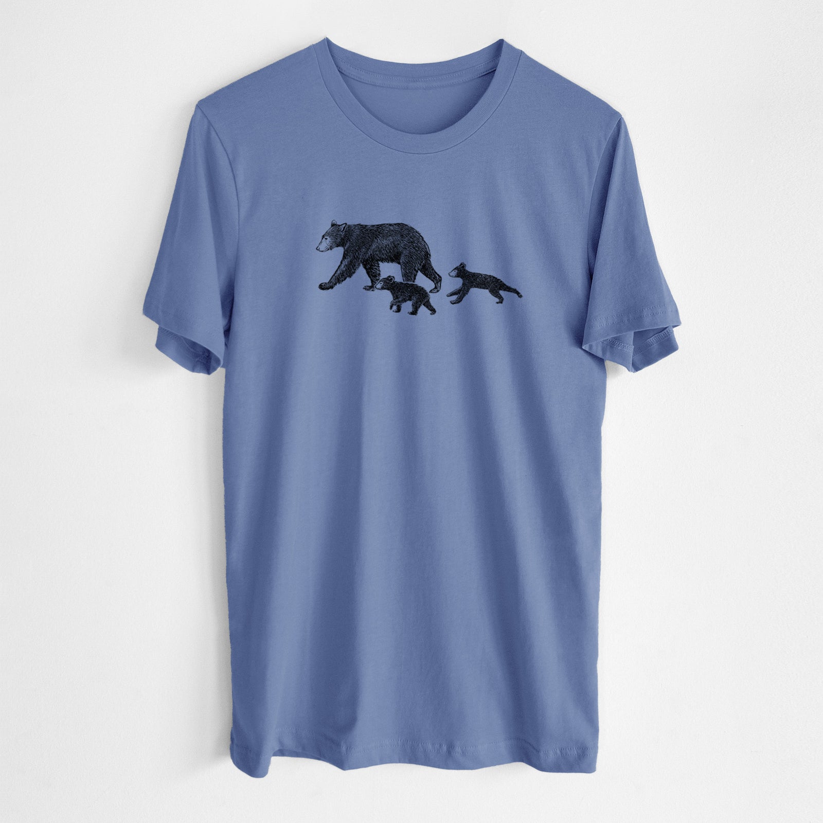 Blue bell lightweight cotton t-shirt laid flat, printed with a black ink illustration of a mother black bear walking with two cubs.