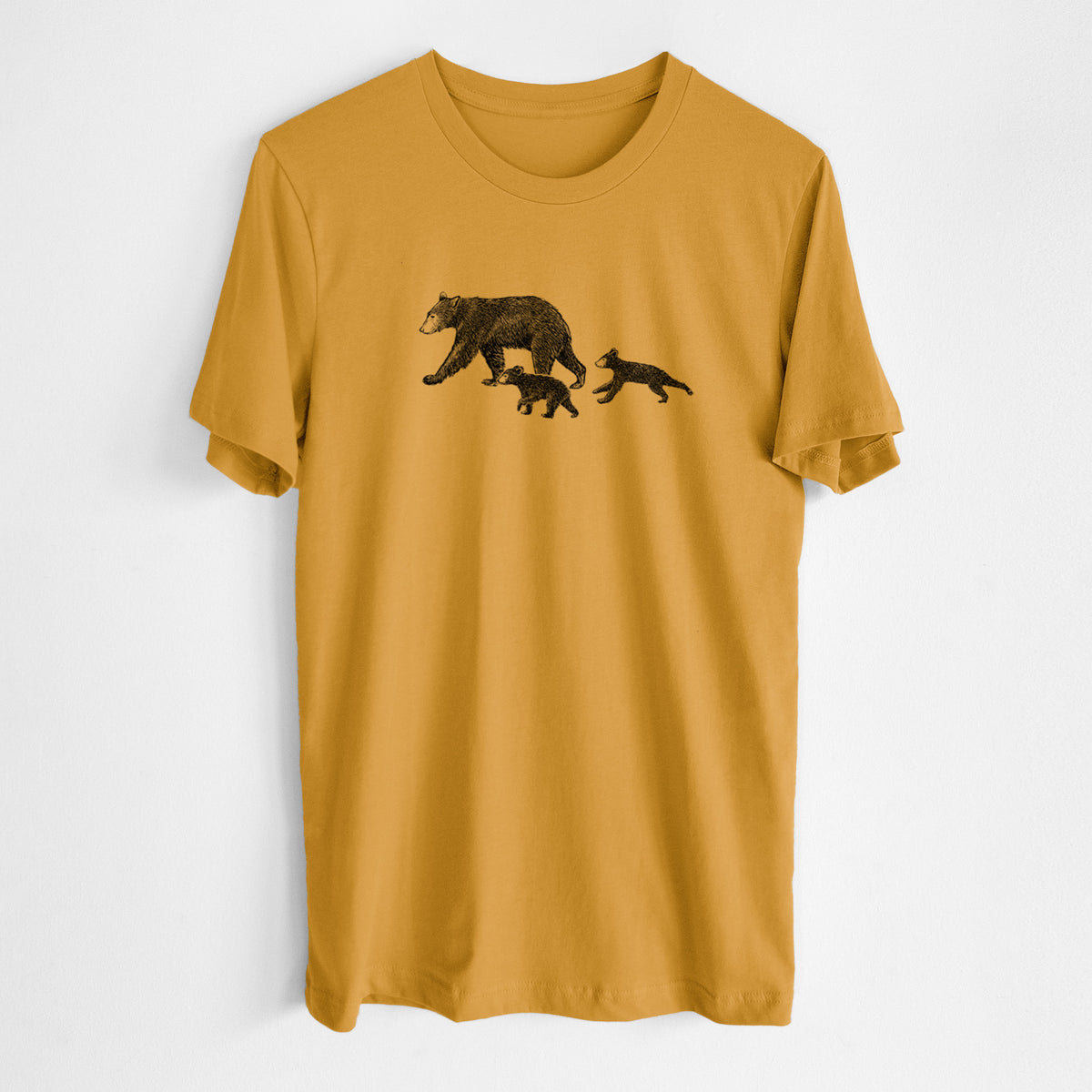 Honeycomb yellow lightweight cotton t-shirt laid flat, printed with a black ink illustration of a mother black bear walking with two cubs.