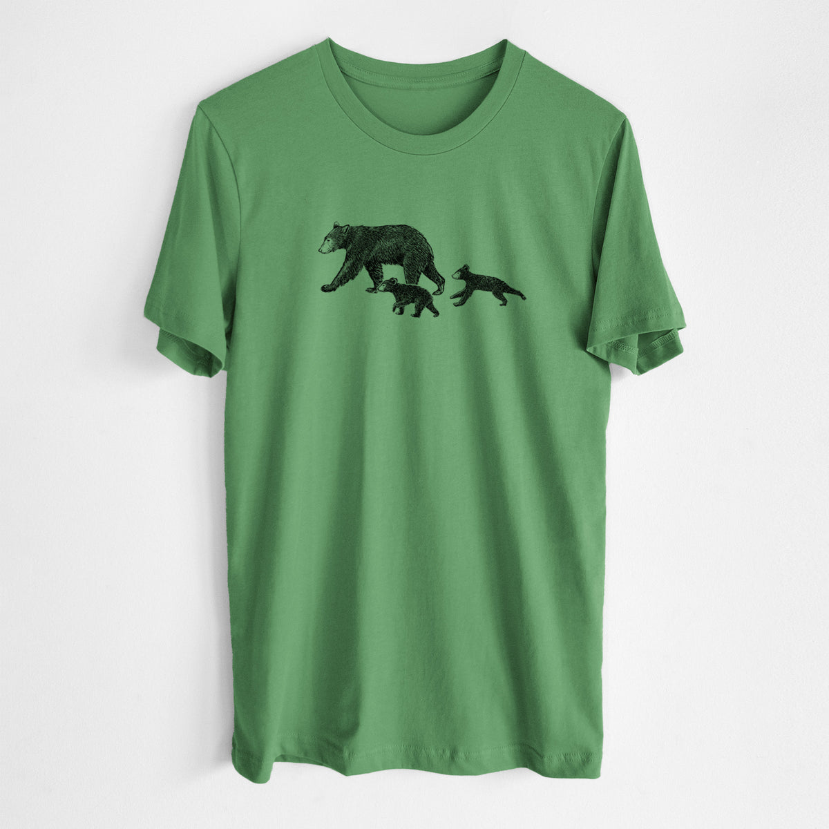 Leaf green lightweight cotton t-shirt laid flat, printed with a black ink illustration of a mother black bear walking with two cubs.