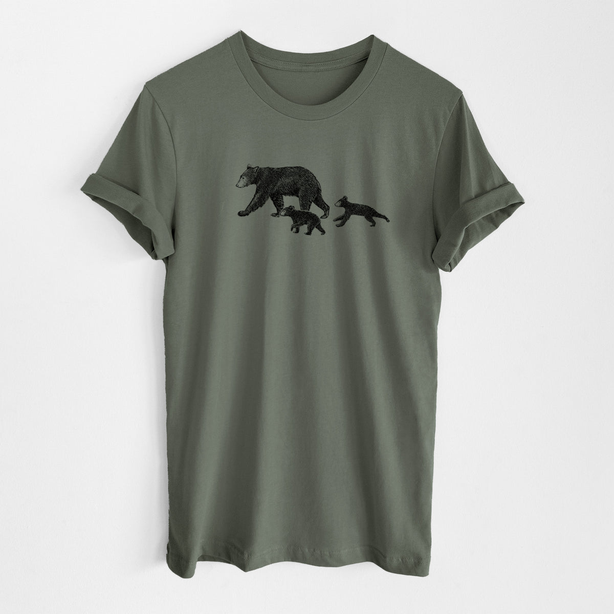Military green lightweight cotton t-shirt laid flat, printed with a black ink illustration of a mother black bear walking with two cubs.