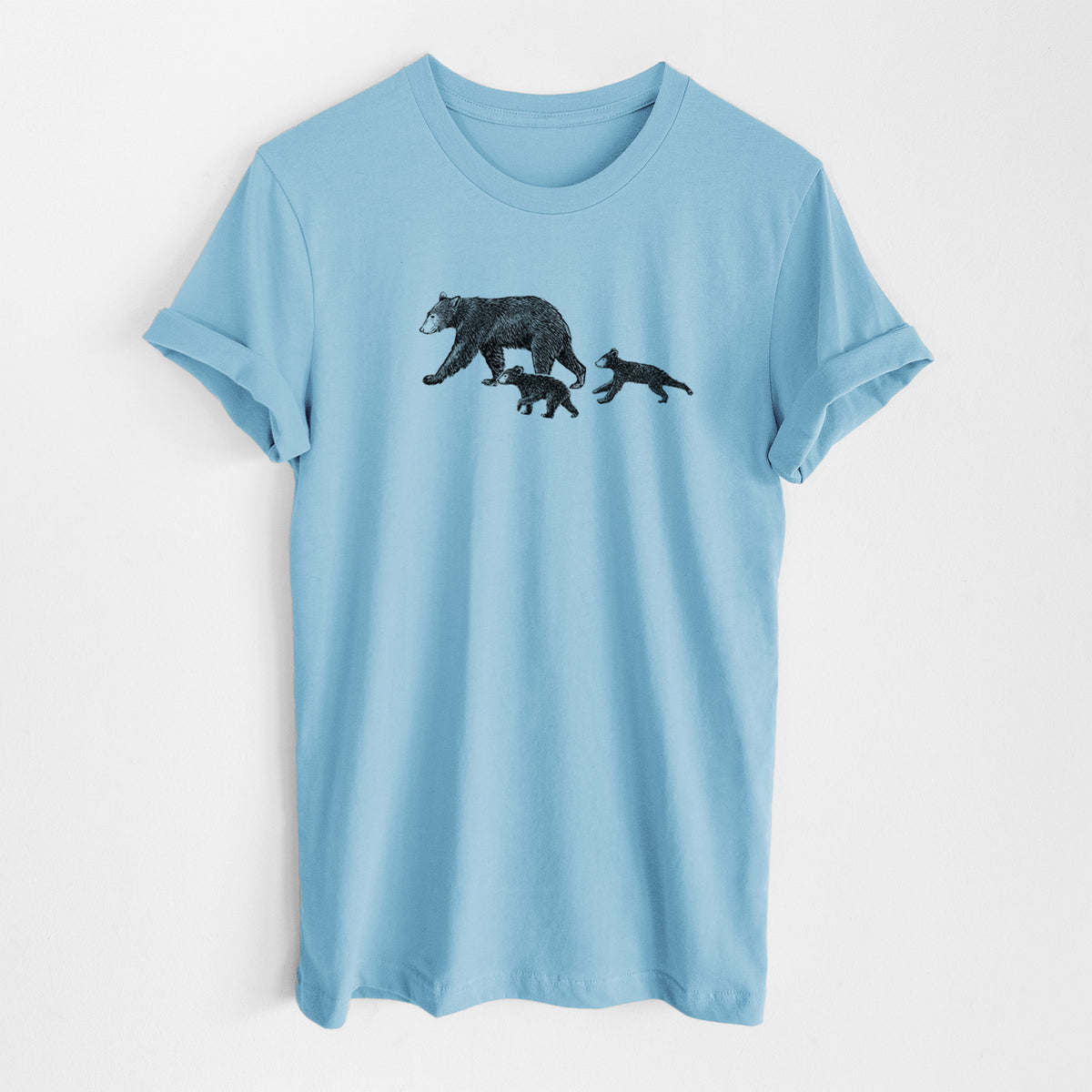 Ocean blue lightweight cotton t-shirt laid flat, printed with a black ink illustration of a mother black bear walking with two cubs.