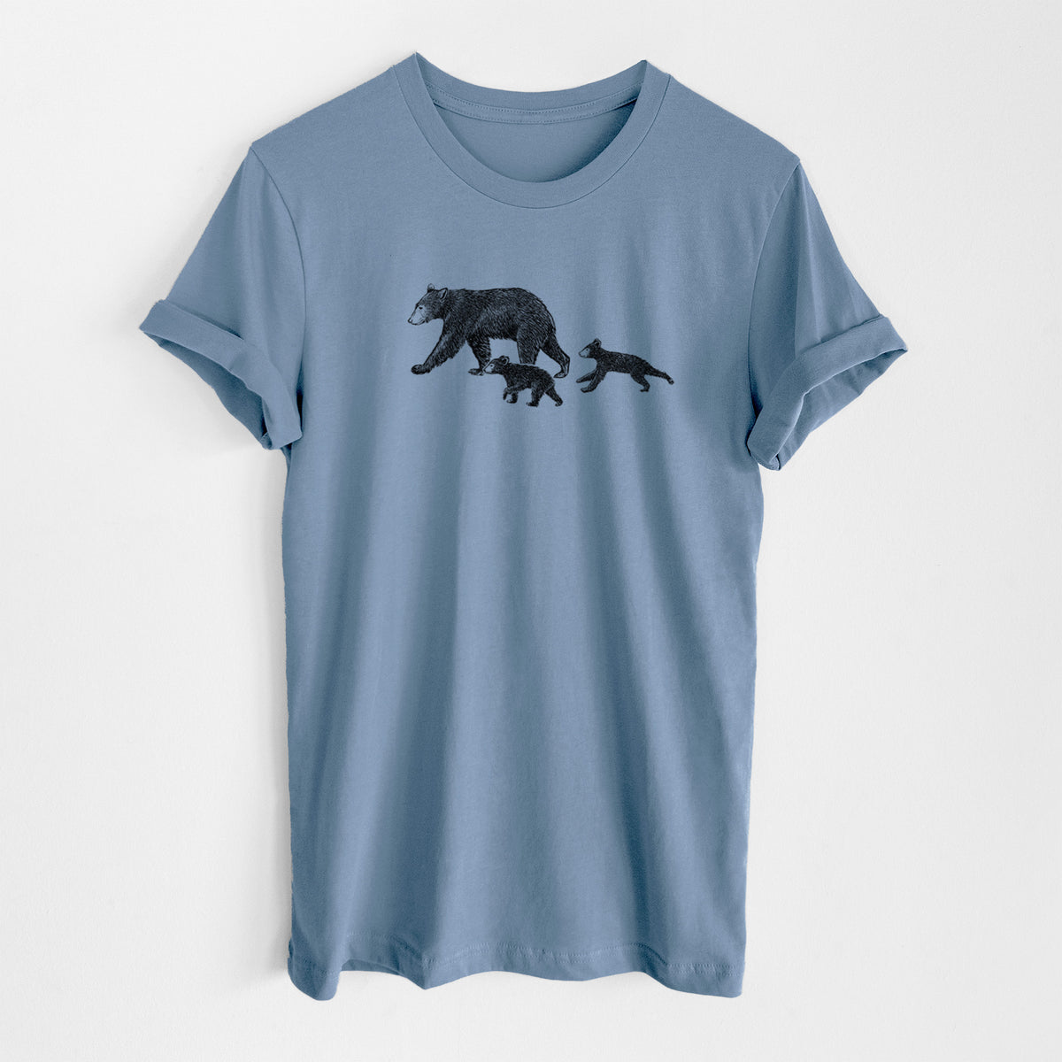 Steel blue lightweight cotton t-shirt laid flat, printed with a black ink illustration of a mother black bear walking with two cubs.