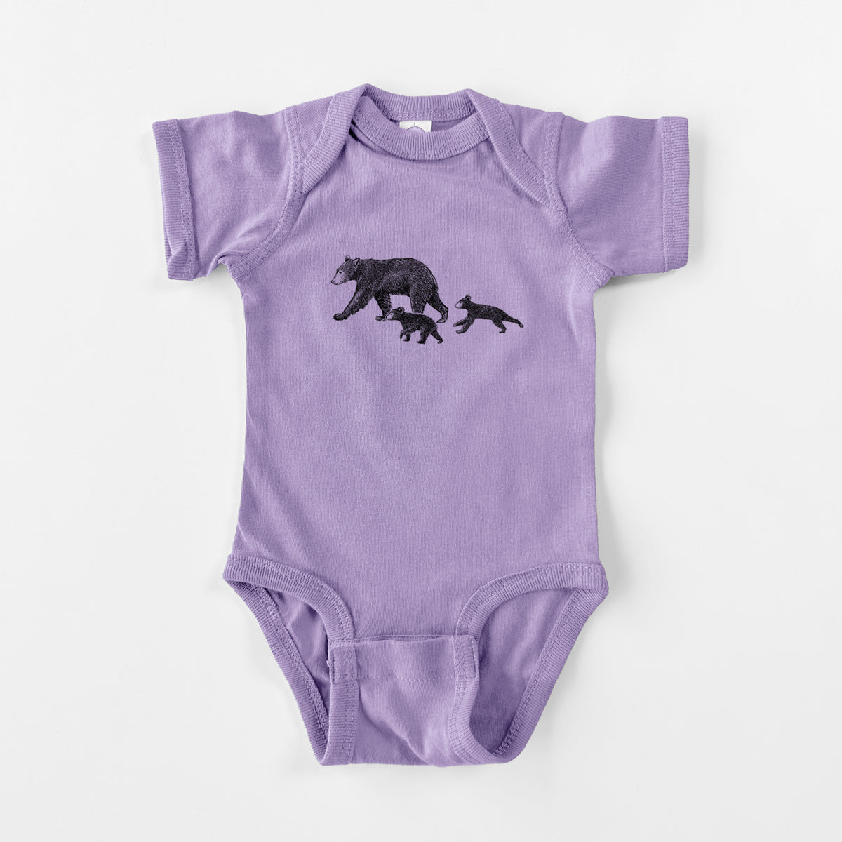 Lavender baby bodysuit laid flat, printed with a black ink illustration of a mother black bear walking with two cubs.