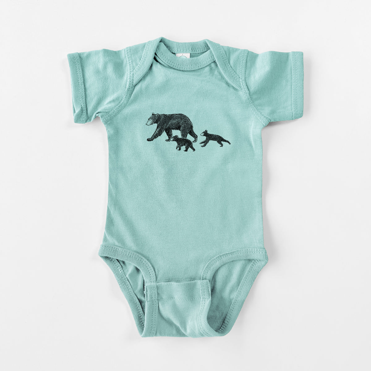 Saltwater baby bodysuit laid flat, printed with a black ink illustration of a mother black bear walking with two cubs.