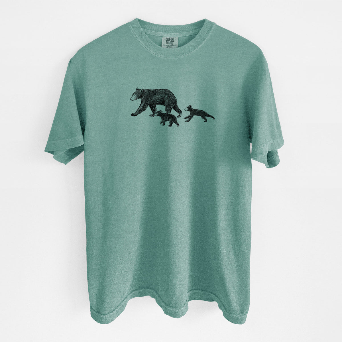 Reef green Comfort Colors t-shirt laid flat, printed with a black ink illustration of a mother black bear walking with two cubs.