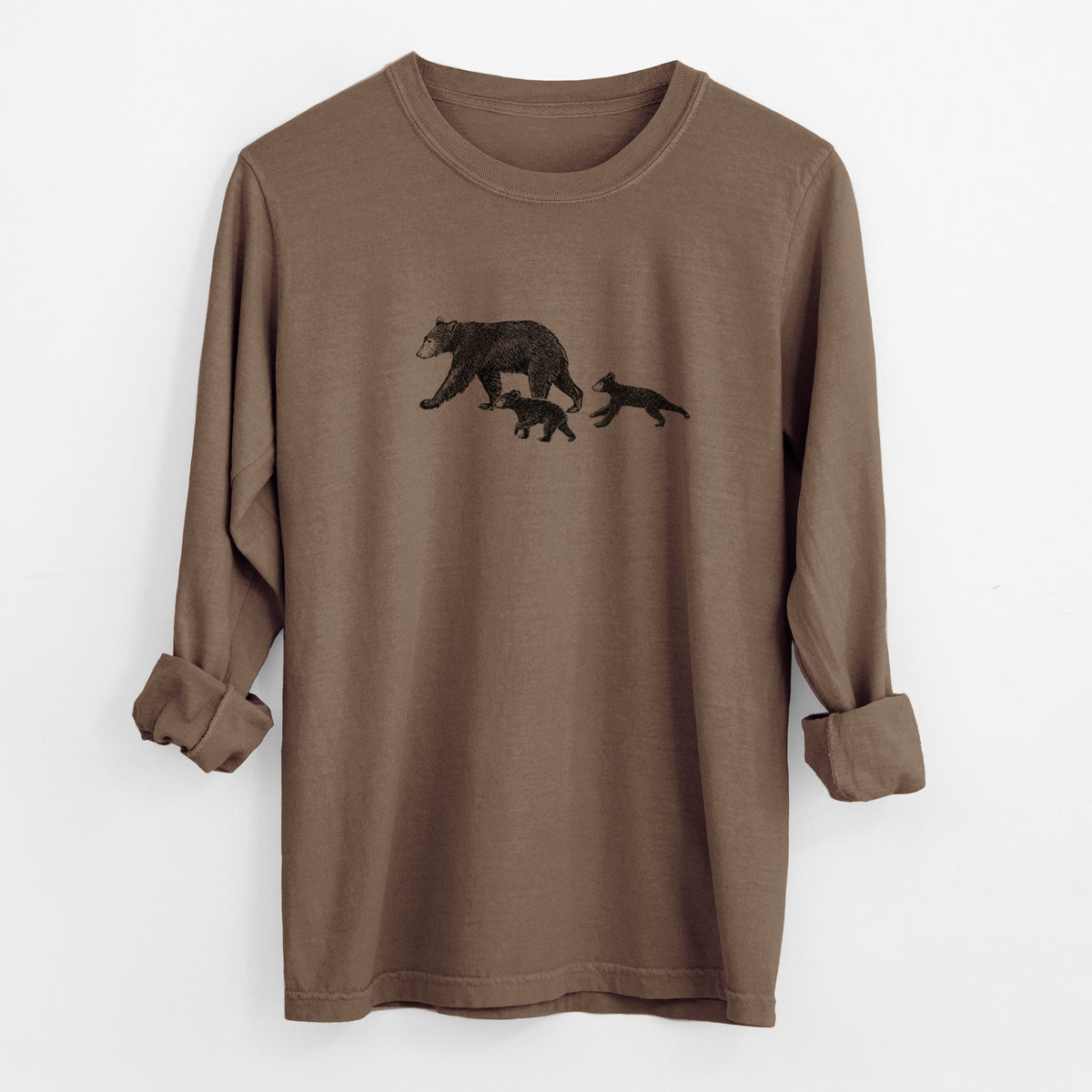 Espresso brown Comfort Colors long sleeve shirt laid flat with the cuffs rolled, printed with a black ink illustration of a mother black bear walking with two cubs.