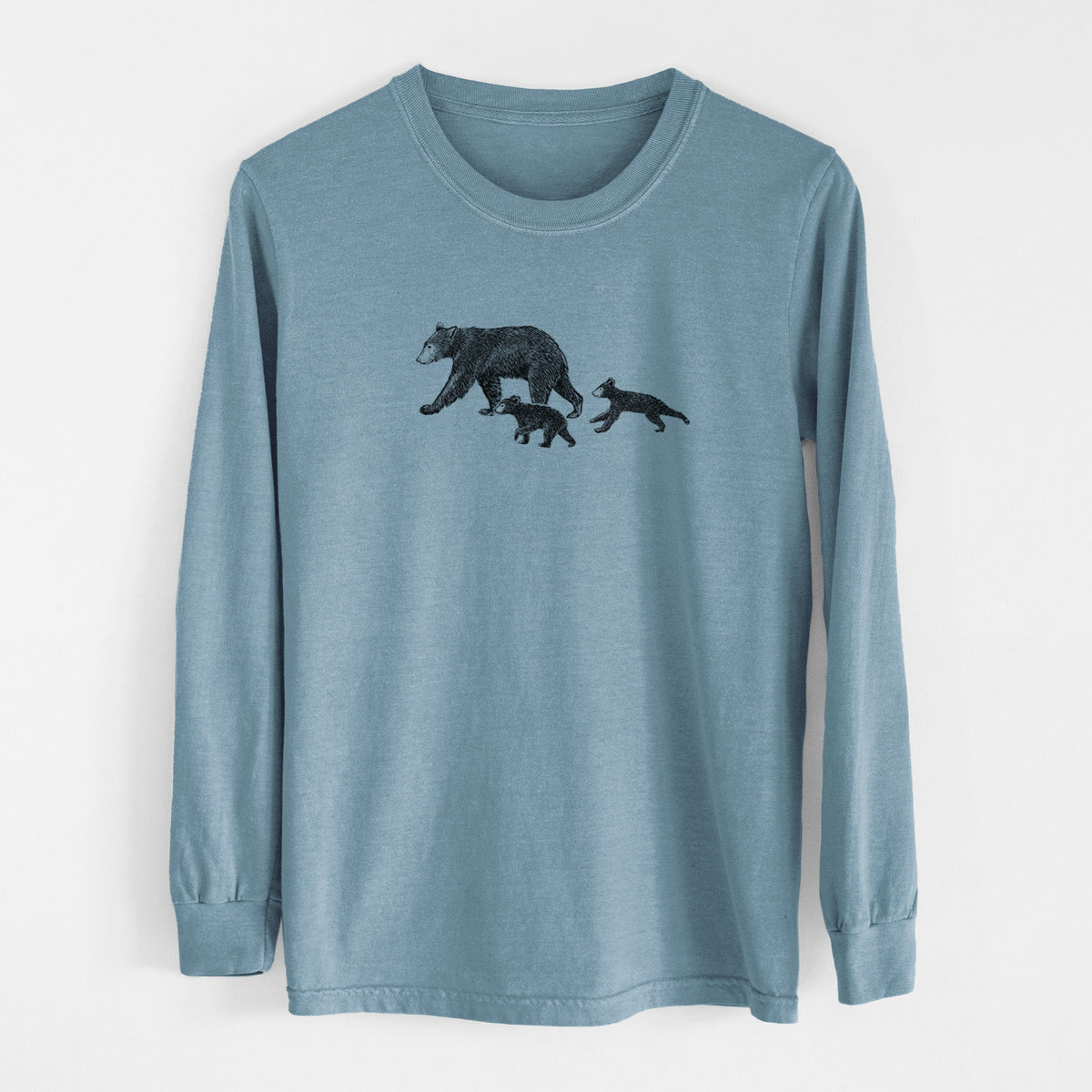 Steel blue Comfort Colors long sleeve shirt laid flat, printed with a black ink illustration of a mother black bear walking with two cubs.