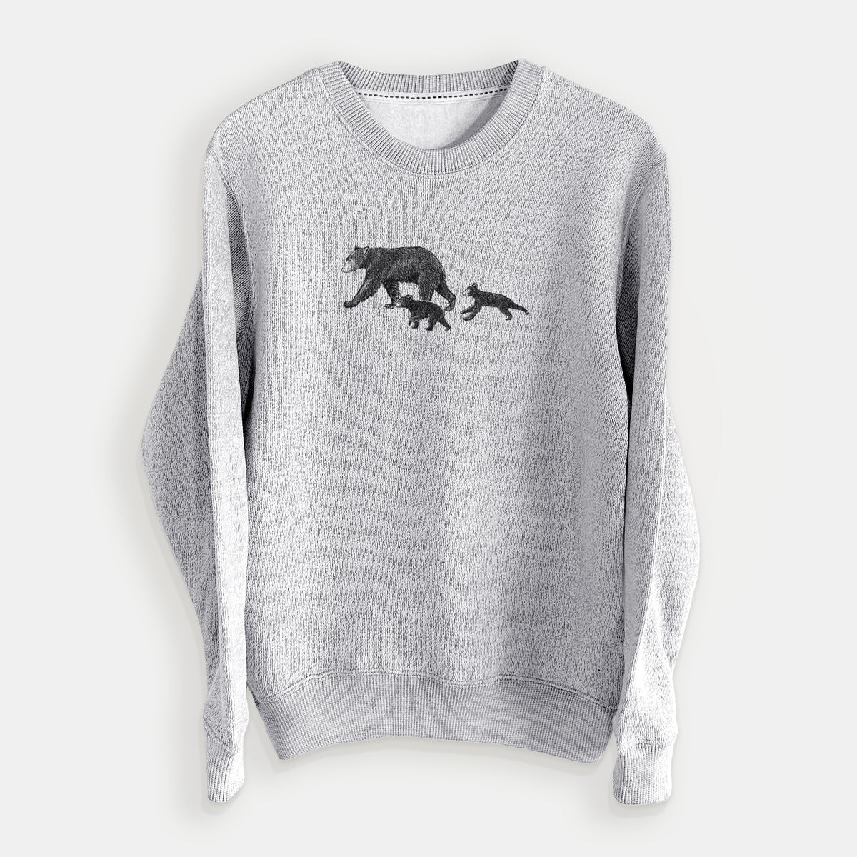 Salt and pepper knit sweatshirt laid flat, printed with a black ink illustration of a mother black bear walking with two cubs.