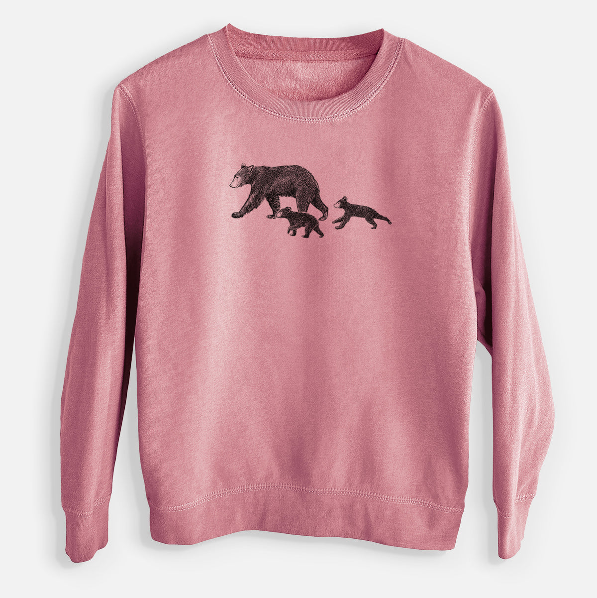 Mauve pink youth crewneck sweatshirt laid flat, printed with a black ink illustration of a mother black bear walking with two cubs.