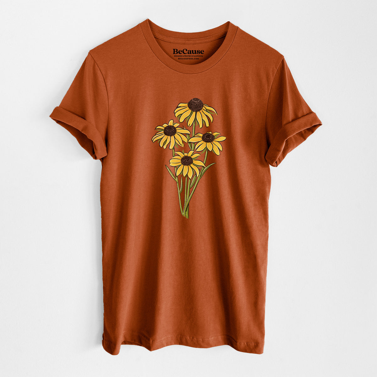 Autumn lightweight cotton t-shirt laid flat, printed with a full-color bouquet of yellow black-eyed Susan flowers.