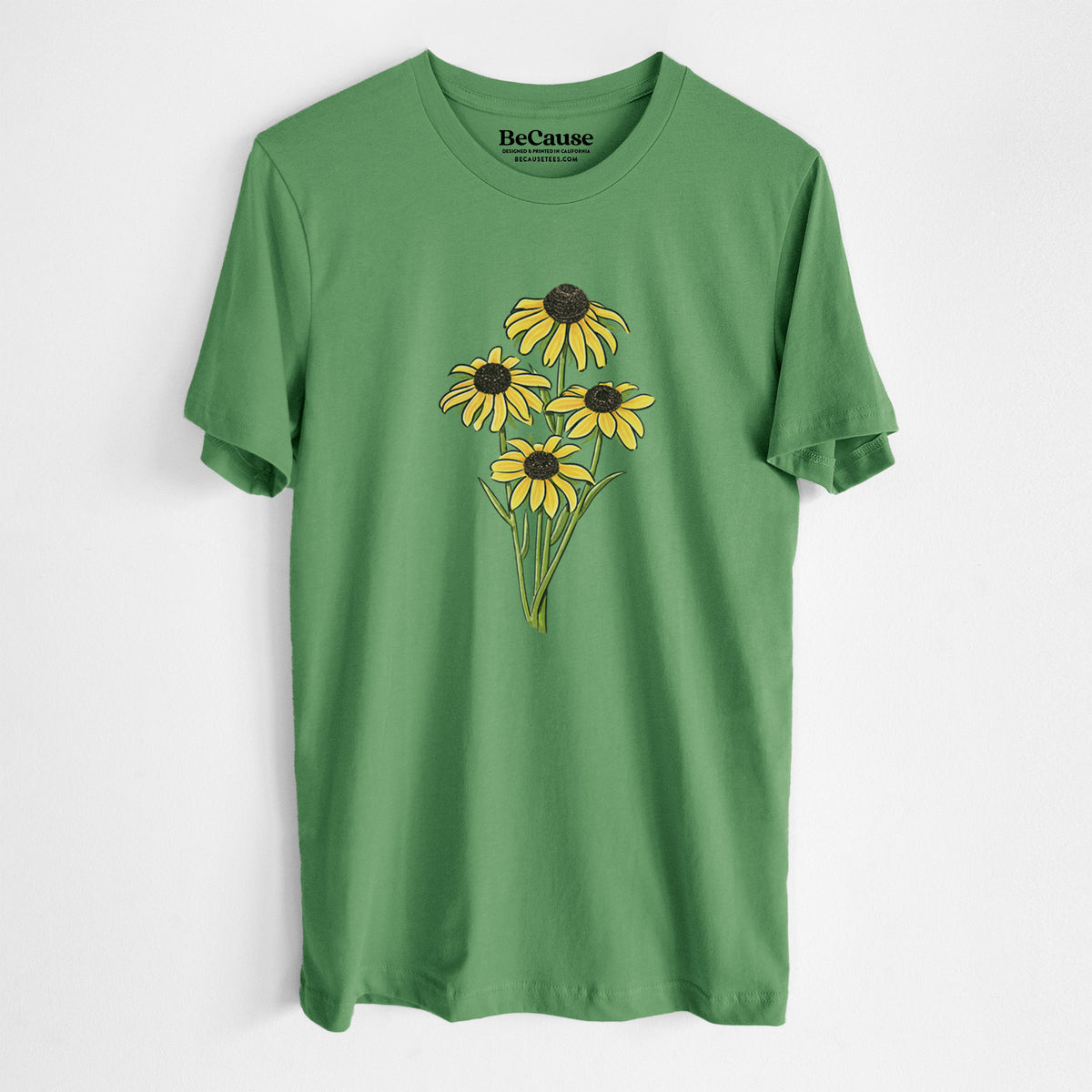 Leaf green lightweight cotton t-shirt laid flat, printed with a full-color bouquet of yellow black-eyed Susan flowers.