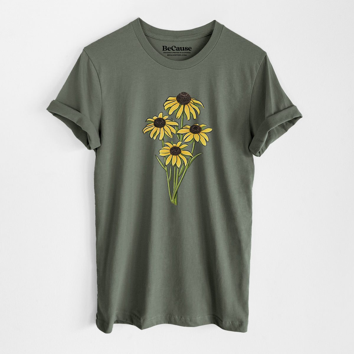 Military green lightweight cotton t-shirt laid flat, printed with a full-color bouquet of yellow black-eyed Susan flowers.