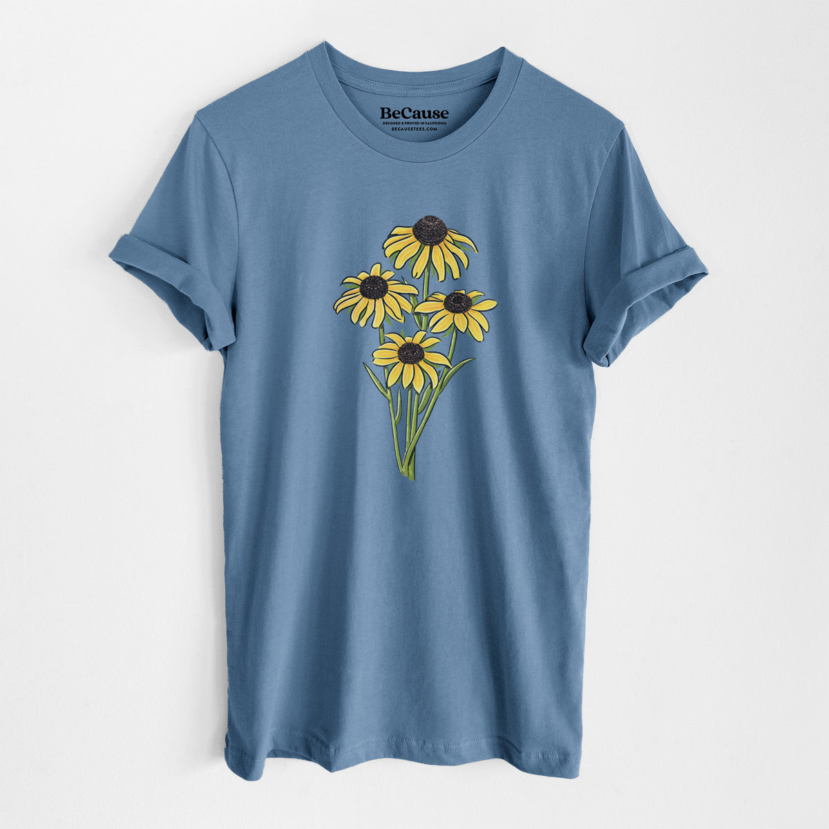 Steel blue lightweight cotton t-shirt laid flat, printed with a full-color bouquet of yellow black-eyed Susan flowers.