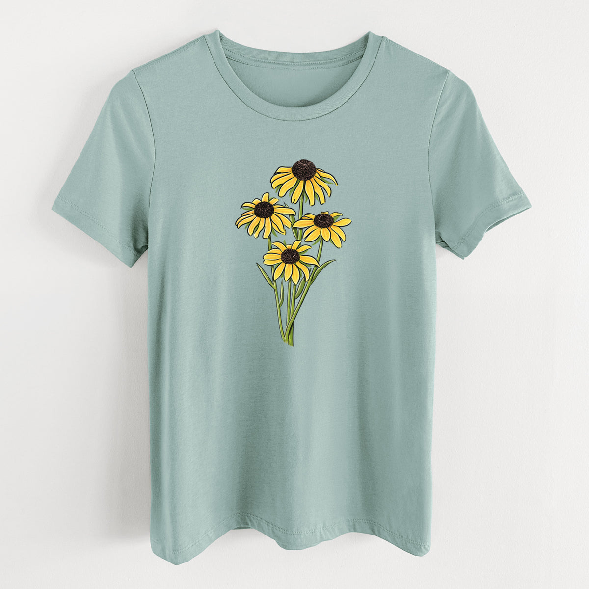 Dusty blue women's relaxed fit cotton t-shirt laid flat, printed with a full-color bouquet of yellow black-eyed Susan flowers.