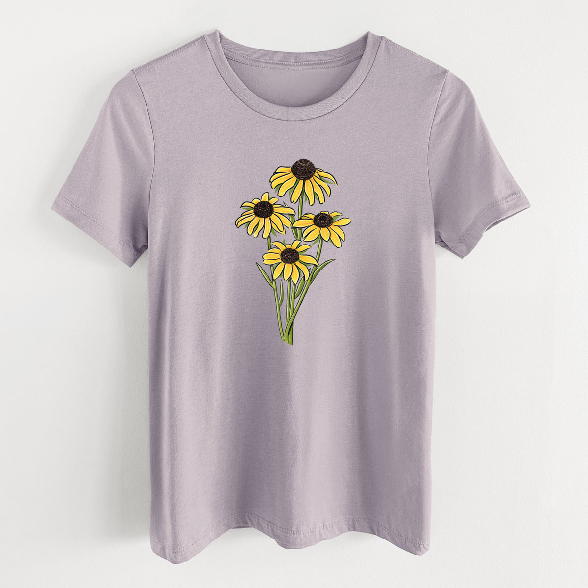Light violet women's relaxed fit cotton t-shirt laid flat, printed with a full-color bouquet of yellow black-eyed Susan flowers.
