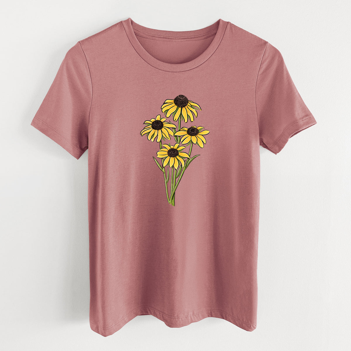 Mauve pink women's relaxed fit cotton t-shirt laid flat, printed with a full-color bouquet of yellow black-eyed Susan flowers.