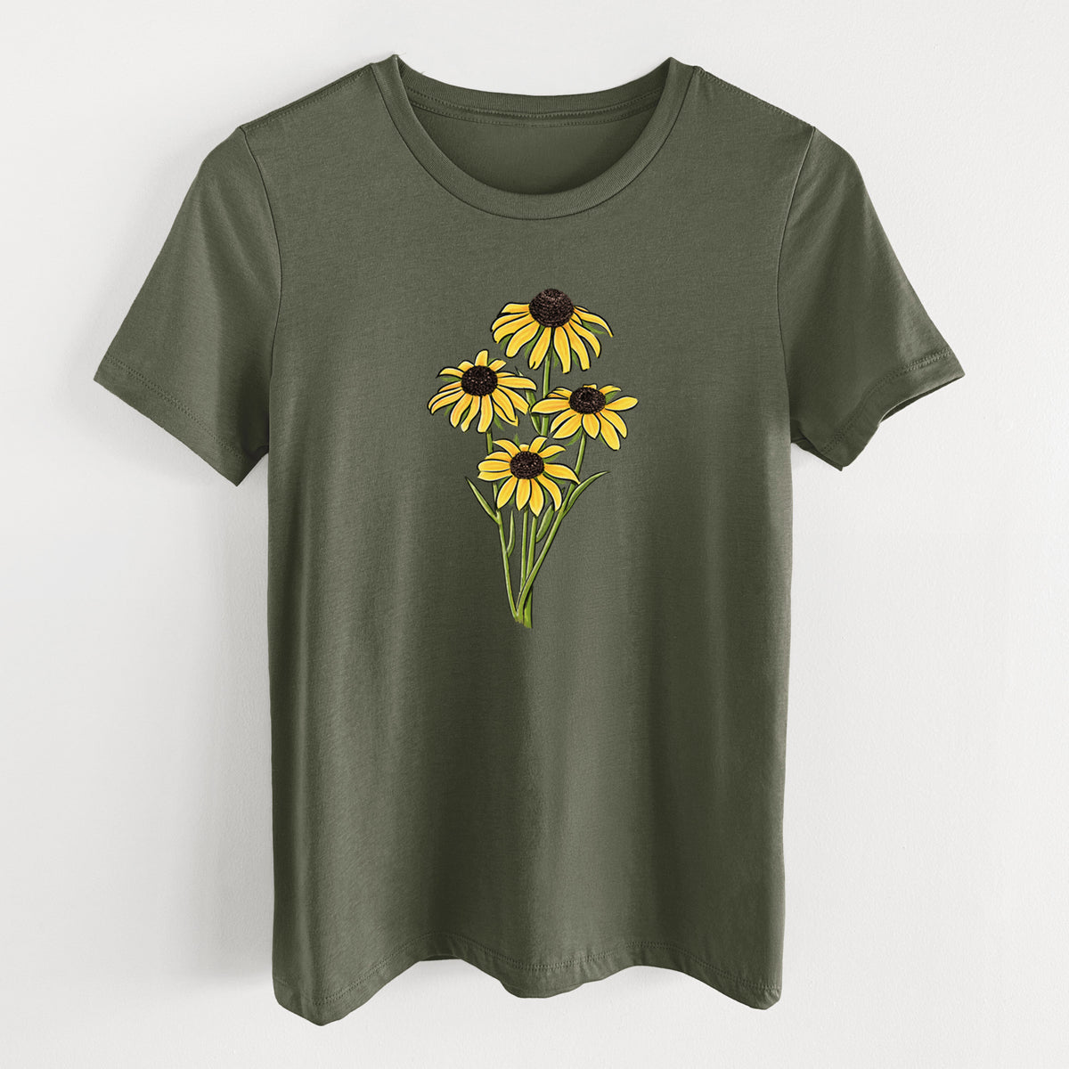 Military green women's relaxed fit cotton t-shirt laid flat, printed with a full-color bouquet of yellow black-eyed Susan flowers.
