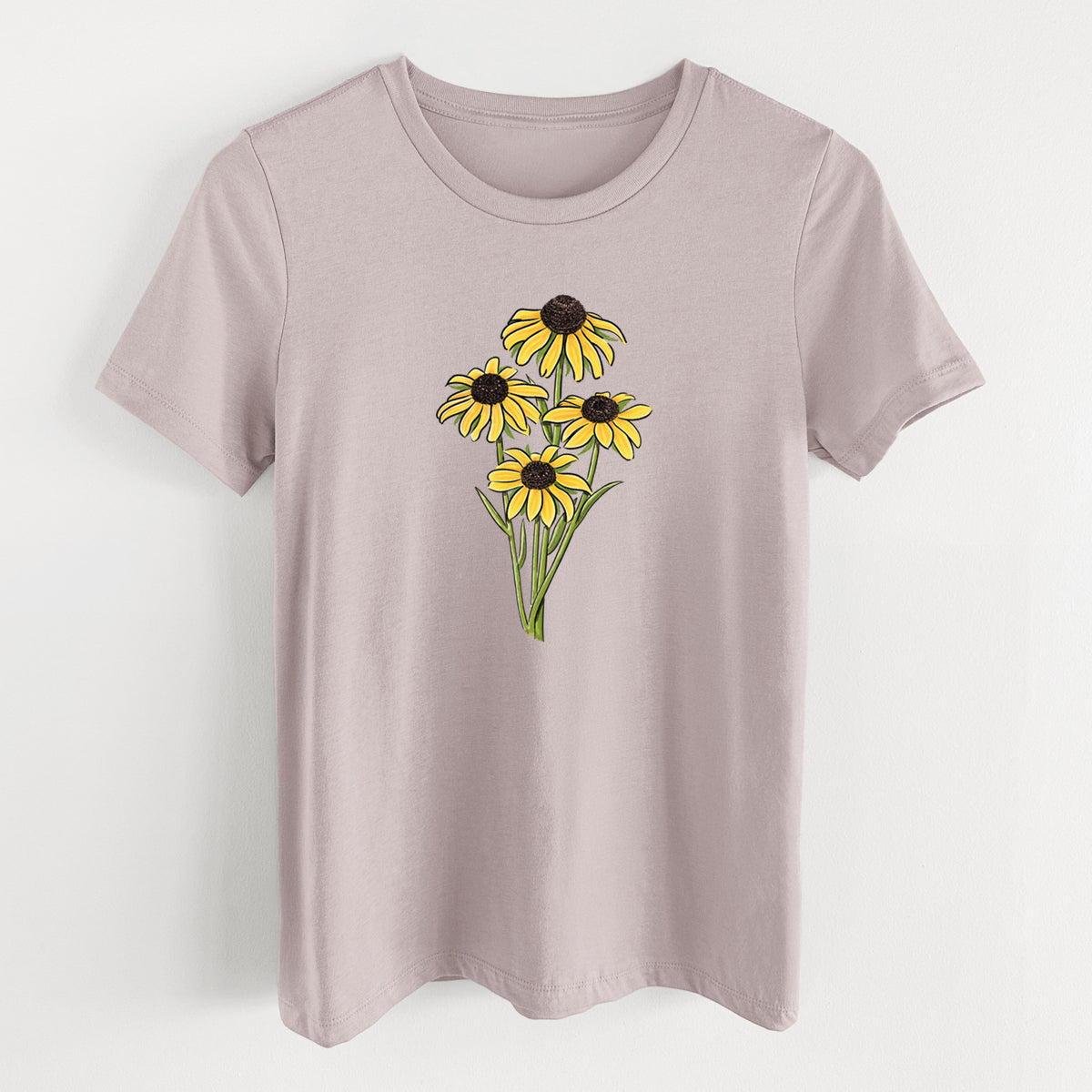 Pink gravel women's relaxed fit cotton t-shirt laid flat, printed with a full-color bouquet of yellow black-eyed Susan flowers.
