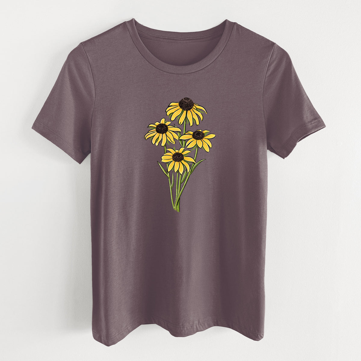 Purple storm women's relaxed fit cotton t-shirt laid flat, printed with a full-color bouquet of yellow black-eyed Susan flowers.