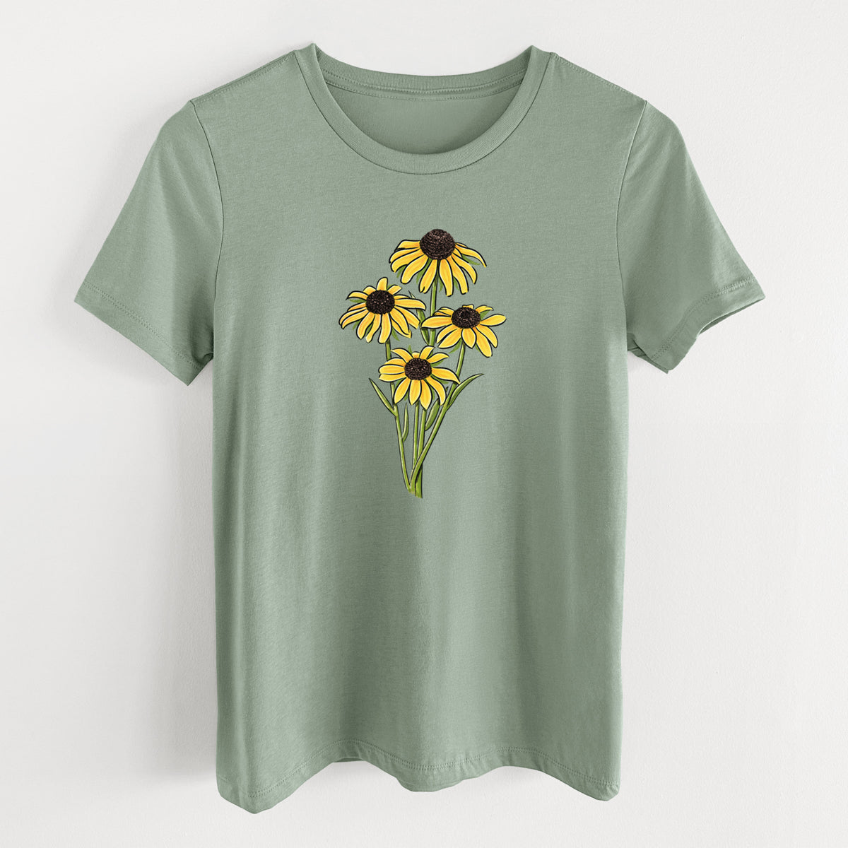 Sage green women's relaxed fit cotton t-shirt laid flat, printed with a full-color bouquet of yellow black-eyed Susan flowers.