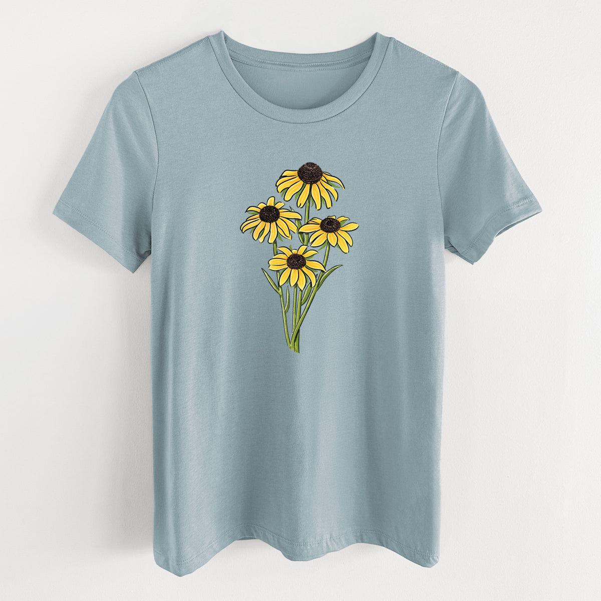 Vintage denim women's relaxed fit cotton t-shirt laid flat, printed with a full-color bouquet of yellow black-eyed Susan flowers.