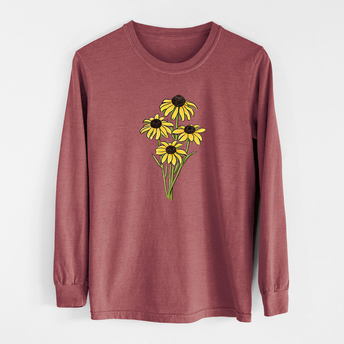 Brick red Comfort Colors long sleeve shirt laid flat, printed with a full-color bouquet of yellow black-eyed Susan flowers.