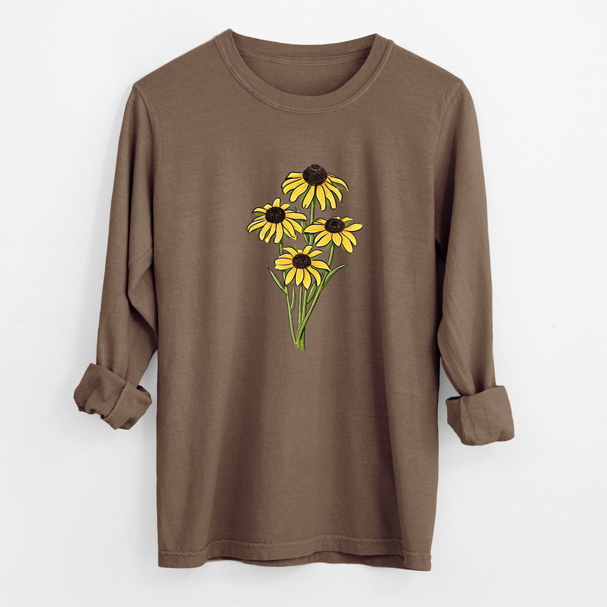 Espresso brown Comfort Colors long sleeve shirt laid flat with the cuffs rolled, printed with a full-color bouquet of yellow black-eyed Susan flowers.