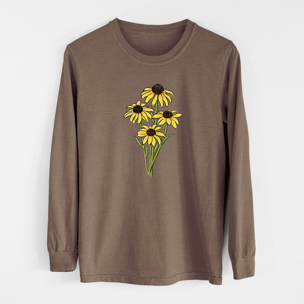 Espresso brown Comfort Colors long sleeve shirt laid flat, printed with a full-color bouquet of yellow black-eyed Susan flowers.