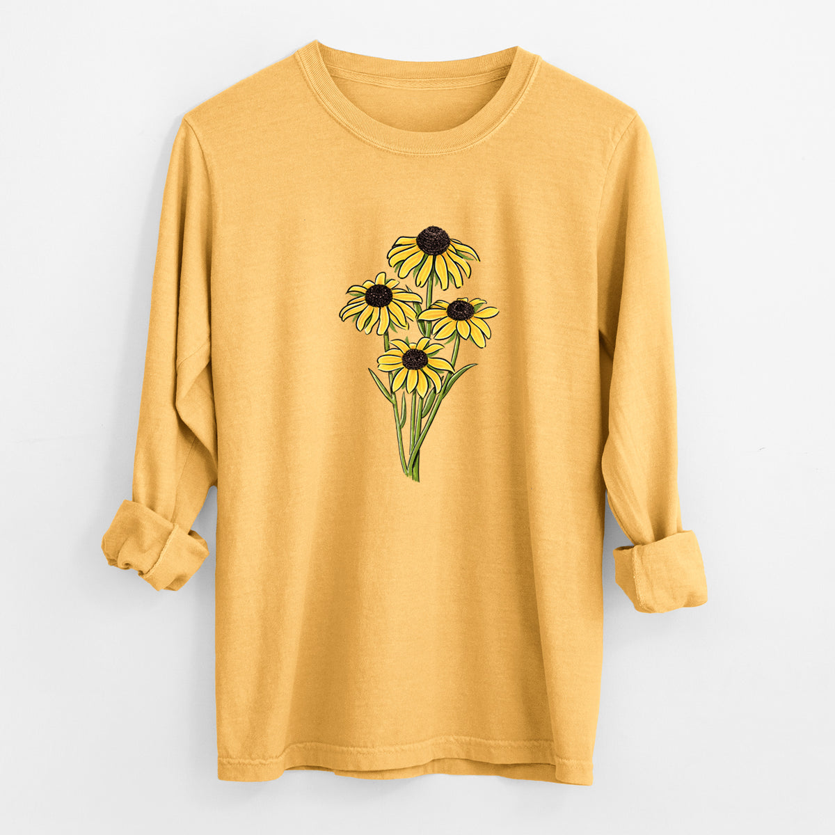 Golden wheat yellow Comfort Colors long sleeve shirt laid flat with the cuffs rolled, printed with a full-color bouquet of yellow black-eyed Susan flowers.
