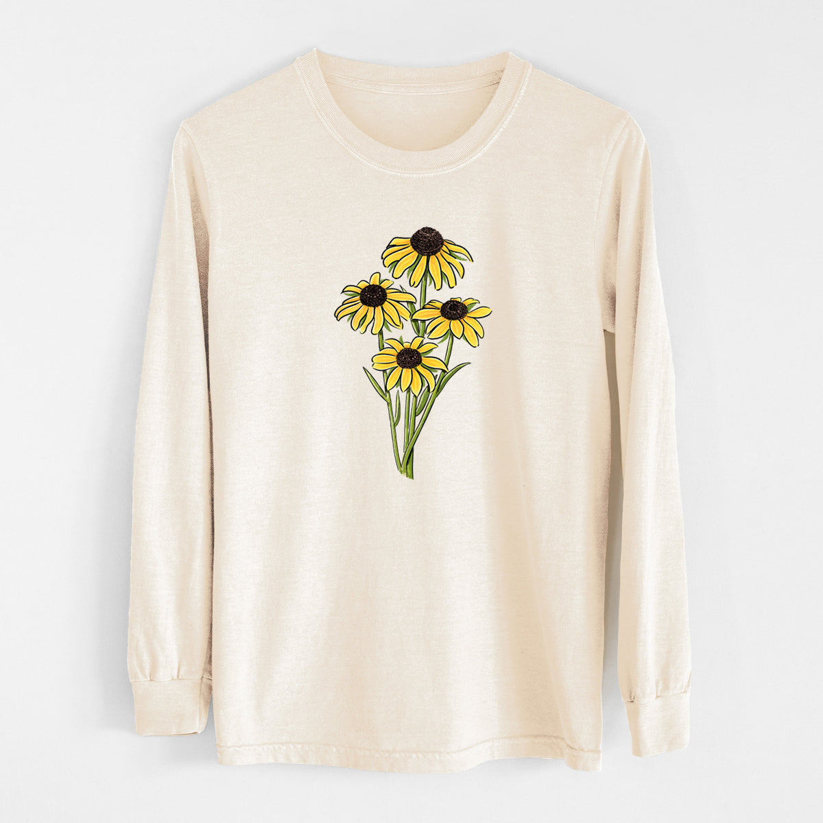 Ivory Comfort Colors long sleeve shirt laid flat, printed with a full-color bouquet of yellow black-eyed Susan flowers.