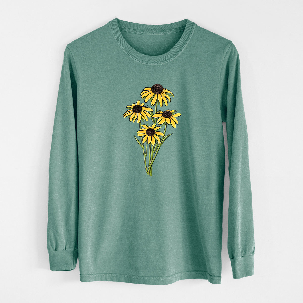 Pine green Comfort Colors long sleeve shirt laid flat, printed with a full-color bouquet of yellow black-eyed Susan flowers.