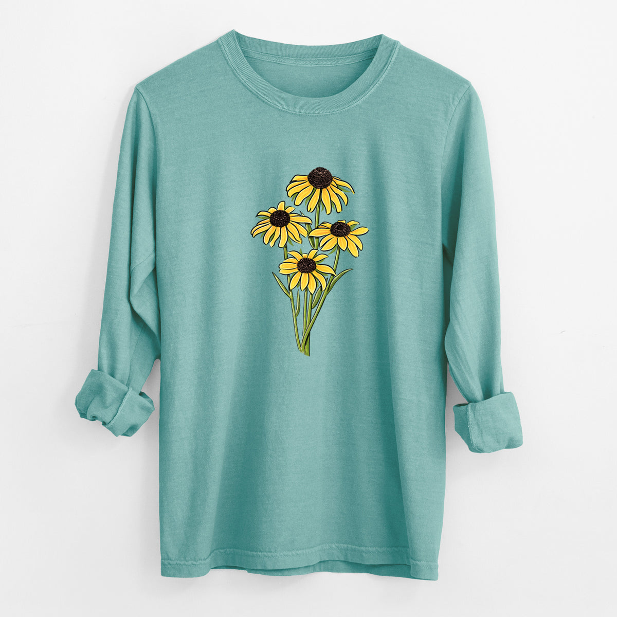 Reef green Comfort Colors long sleeve shirt laid flat with the cuffs rolled, printed with a full-color bouquet of yellow black-eyed Susan flowers.
