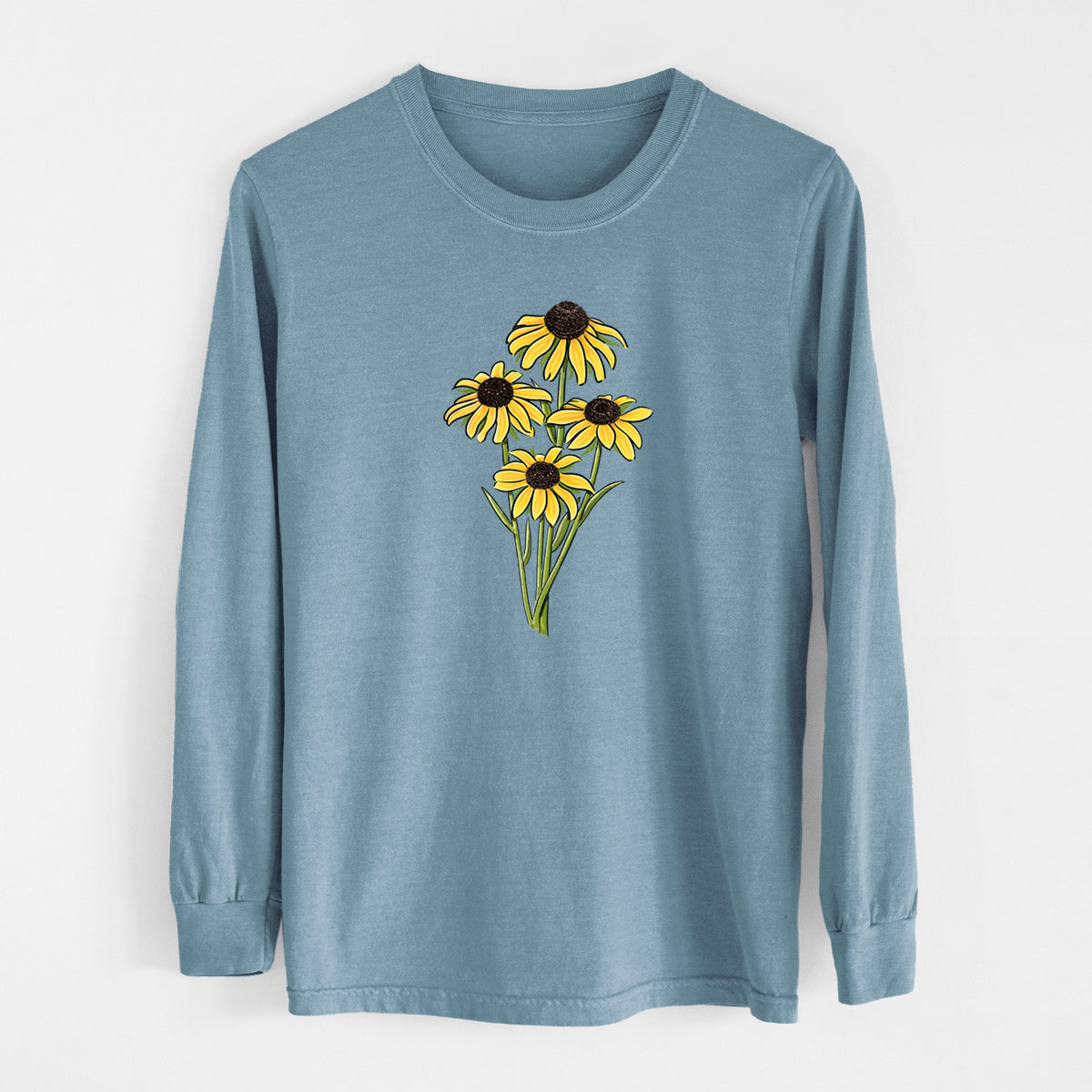 Steel blue Comfort Colors long sleeve shirt laid flat, printed with a full-color bouquet of yellow black-eyed Susan flowers.