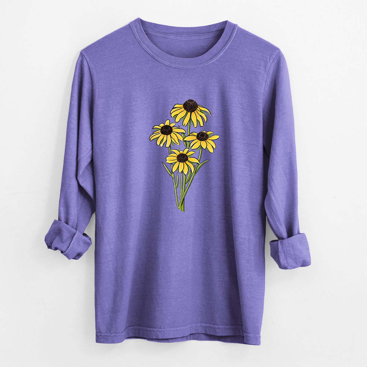 Violet purple Comfort Colors long sleeve shirt laid flat with the cuffs rolled, printed with a full-color bouquet of yellow black-eyed Susan flowers.